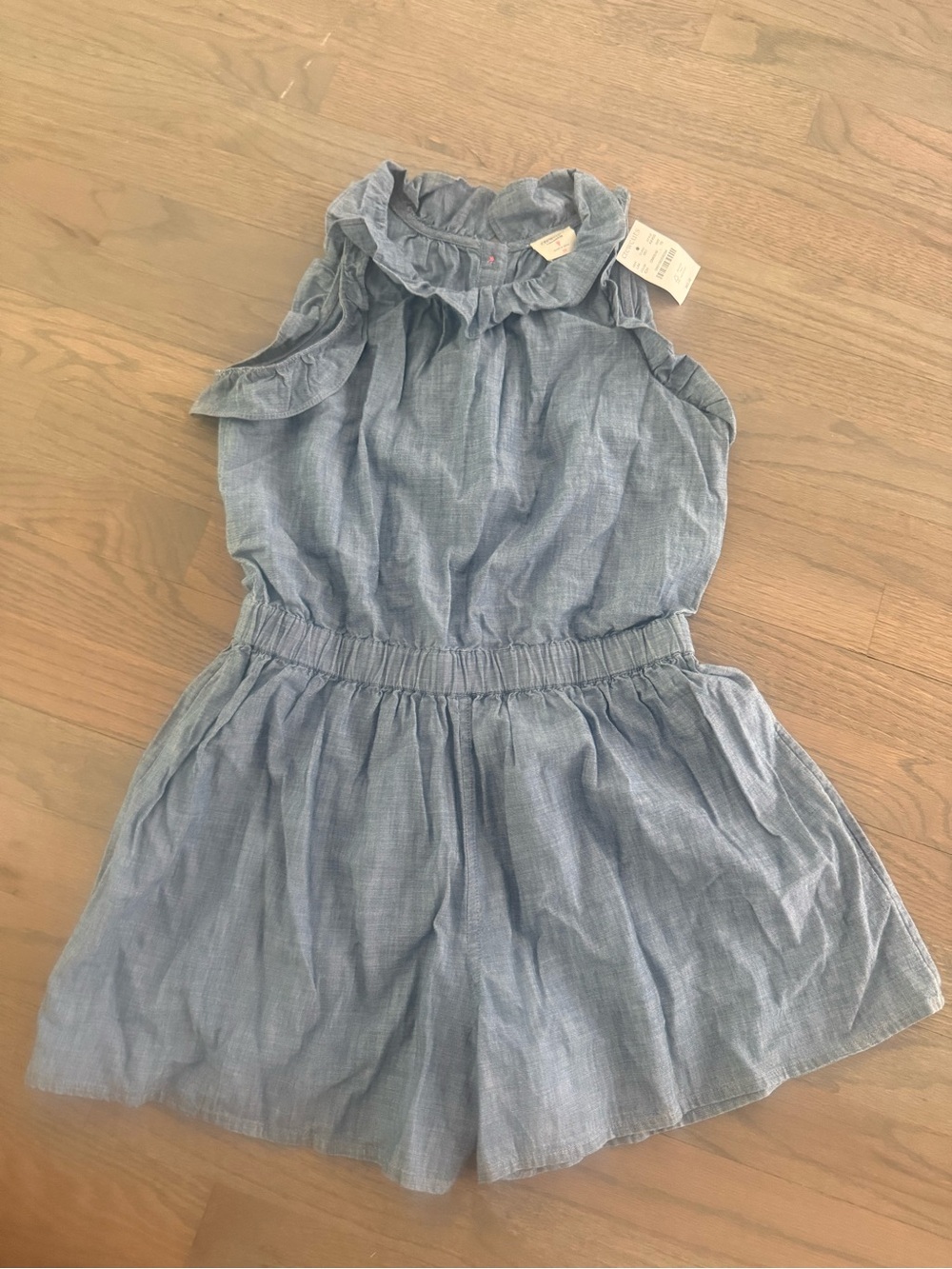 Crewcuts Light Blue Chambray Girls Romper with Ruffle Neck
